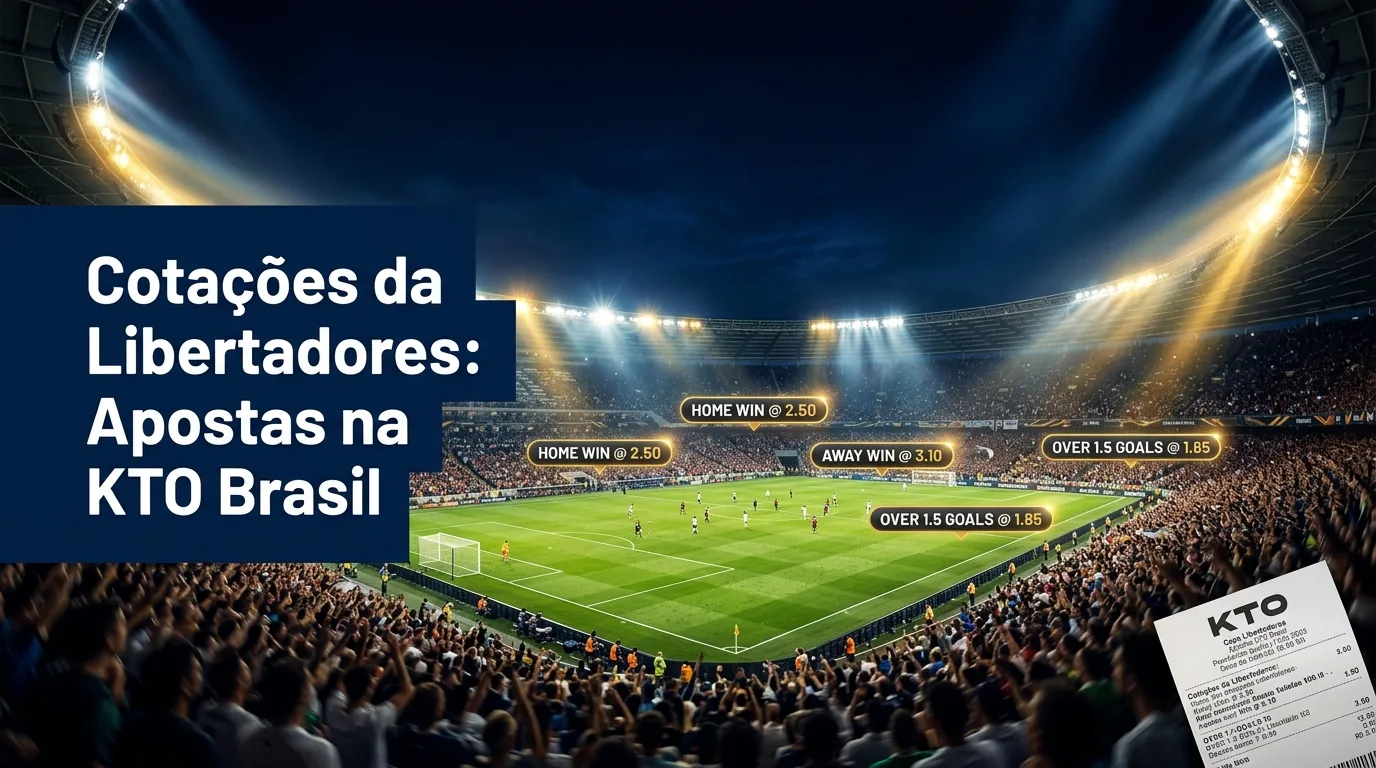 Estádio noturno iluminado com título 'Cotações da Libertadores' para apostas da KTO.