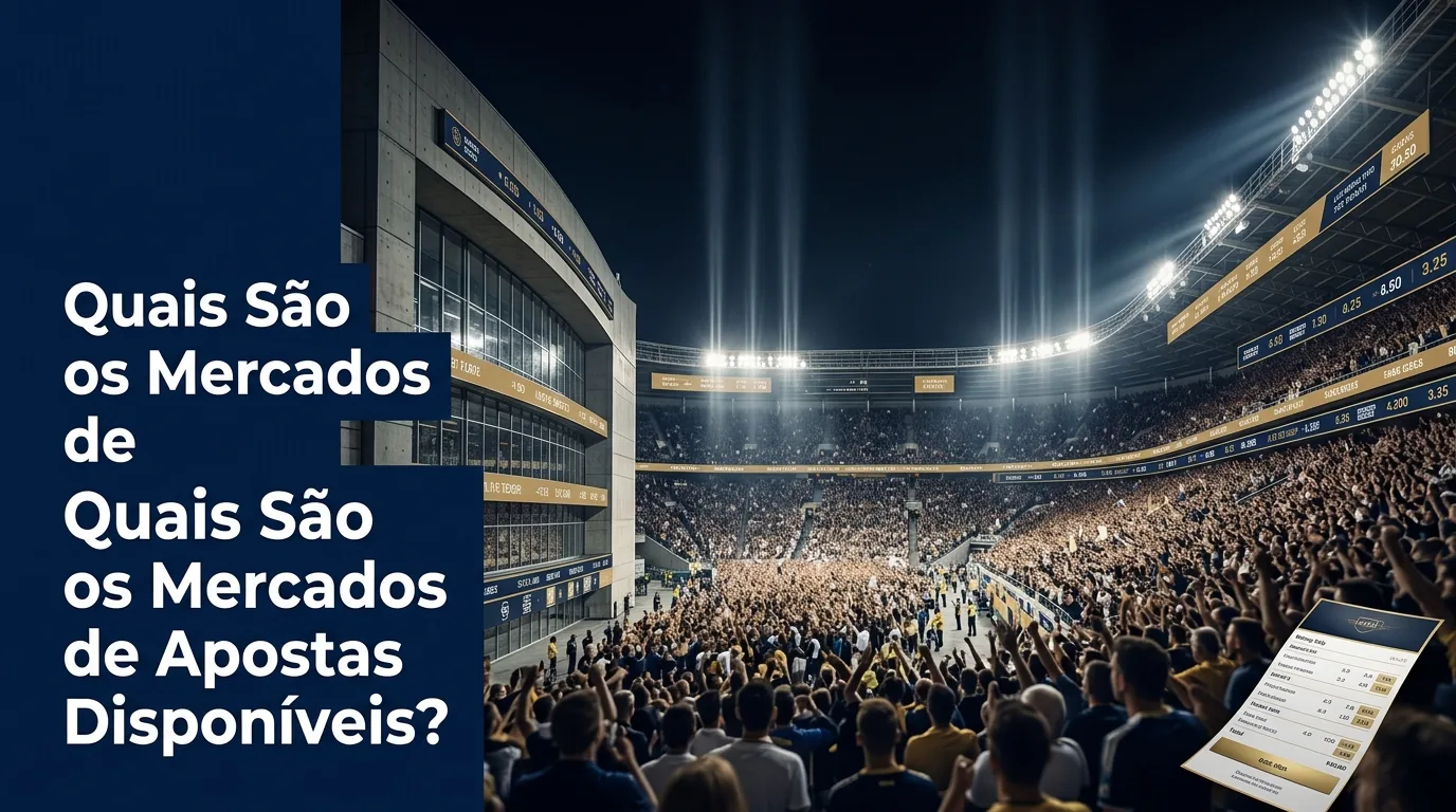 Visão noturna do estádio com o título 'Mercados de Apostas Disponíveis' e odds slips.